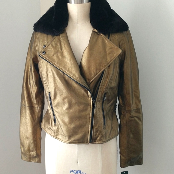 PR NWT@$699 PRICE REDUCEDx2 BurnishedGold LEATHER MotoJacket RemvblFauxFurCollar - Picture 1 of 8